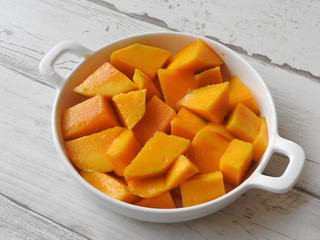 High angle view of a plate of fresh yellow diced mango isolated on wooden background. Mango is a common fruit in Taiwan during the summer. Summer, fruit, agriculture concept. With copy space.