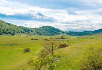 Fototapeta premium Altopiano di Rascino (Rieti, Italy) - The extended plateau of Rascino lake, over a thousand meters high, in the mountains between Lazio and Abruzzo region, province of Rieti, with spring flowering