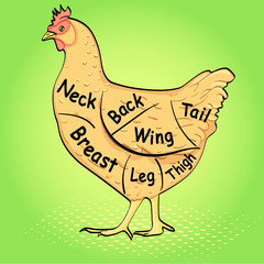 Pop art background, imitation of comics. Chicken for a restaurant menu, carcass split. Raster