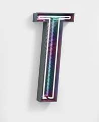 Vivid Neon Font with fluorescent wire and Bold Grey frame. Letter t. Party Alphabet. 3d Rendering Isolated on White Background.