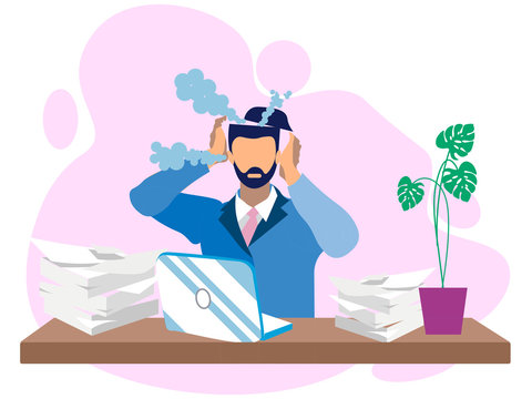 Metaphor of Entangled reworked at overwork. Male businessman, earned on the desktop. Boils head in minimalist style the best way. Cartoon Raster