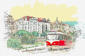 Naklejka na ściany i meble Watercolor sketch or illustration of a traditional old-fashioned tram on a street in Prague in the Czech Republic.