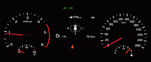 Fototapeta premium Illustration of car instrument panel with speedometer, tachometer, odometer, fuel gauge, oil temperature gauge, seat belt reminder, dipped beam headlights, lane assist.