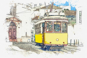 Watercolor sketch or illustration of a traditional yellow tram on a street in Lisbon in Portugal.
