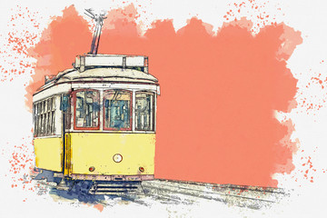 Watercolor sketch or illustration of a traditional yellow tram in Lisbon in Portugal. - obrazy, fototapety, plakaty