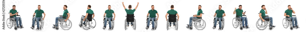 Wall mural Set of young man in wheelchair on white background. Banner design