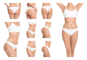 Set of attractive young woman with slim body in underwear on white background, closeup