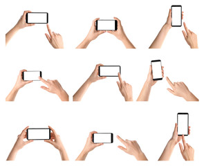 Obraz na płótnie Canvas Set with people holding smartphones on white background, closeup of hands. Space for text