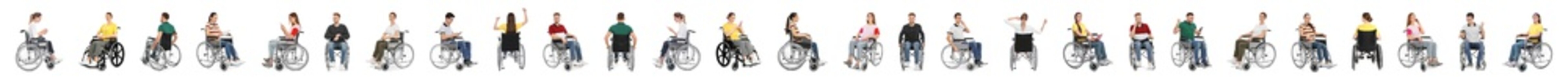 Set of people in wheelchairs on white background. Banner design