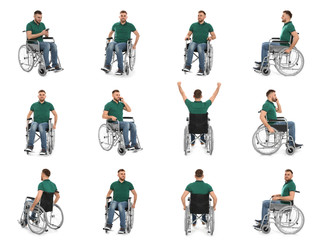 Set of young man in wheelchair on white background