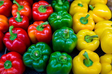 Obraz na płótnie Canvas Red and yellow and Green sweet peppers. Pile Three sweet peppers on a wooden background, Cooking vegetable salad . Colorful sweet bell peppers, natural background.