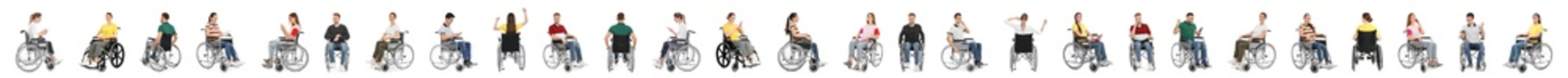 Set Of People In Wheelchairs On White Background. Banner Design