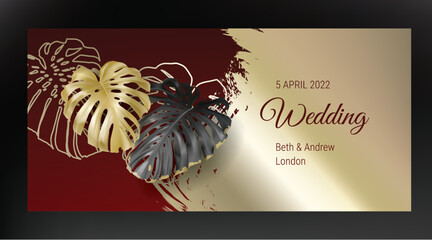 Tropical black gold monstera leaves on dark maroon background vector. Beautiful botanical design with tropic jungle leaves, exotic plant and golden paint smear. Wedding invitation card, holiday sale © klyaksun