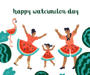 Happy watermelon day poster or banner with cartoon characters of dancing family and flamingo flat vector illustration isolated on white background. Summer watermelon party invitation card. 