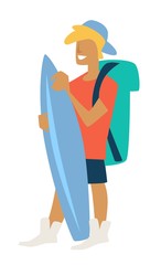 Boy with surfboard traveler summer vacation guy with backpack