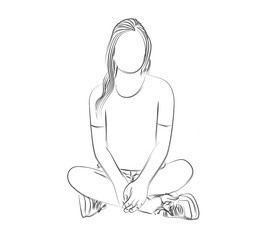 Woman sitting on the floor, Flat line art vector design.