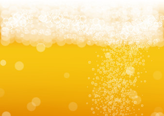 Craft beer background. Lager splash. Oktoberfest foam. Fresh pint of ale with realistic white bubbles. Cool liquid drink for pab menu template. Orange glass with craft beer background.