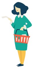 Woman with supermarket basket and shopping list food shopping