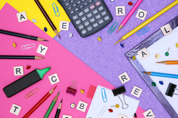 Different study equipment ready for school: background with copy space