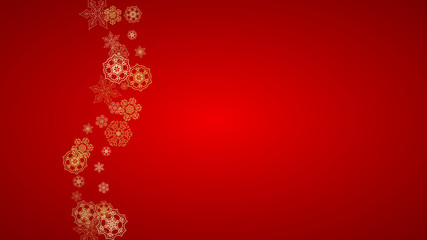 Fototapeta na wymiar Christmas snowflakes on red background. Horizontal glitter frame for winter banner, gift coupon, voucher, ads, party event. Santa Claus color with golden Christmas snowflakes. Falling snow for holiday