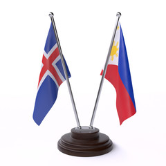 Iceland and Philippines, two table flags isolated on white background. 3d image