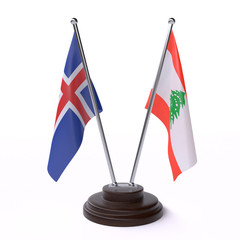 Iceland and Lebanon, two table flags isolated on white background. 3d image