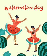 Happy watermelon day concept cartoon characters of man and woman dancing in creative red costuimes look like watermelon slice. Vector illustration poster for august holidat.