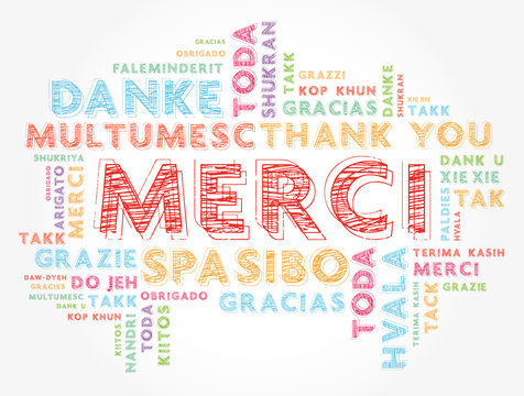 Merci (Thank You in French) word cloud in different languages