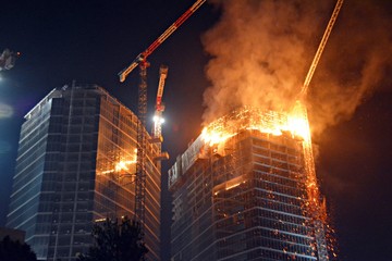 A fire at  construction site