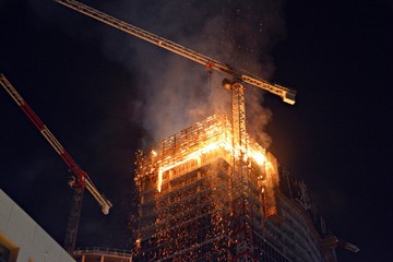 A fire at  construction site