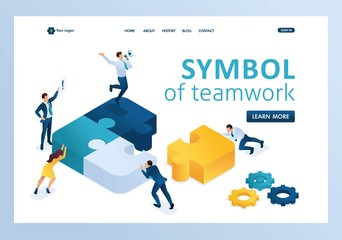 Isometric people connecting puzzle elements. Symbol of teamwork. Template landing page