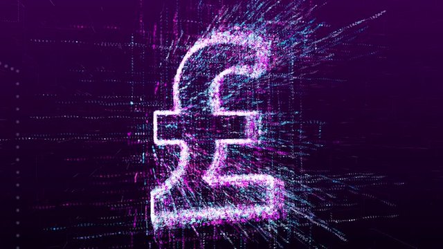 Animation of the English pound money sign. Consists of a stream of numbers and symbols in digital space. Abstract idea concept.