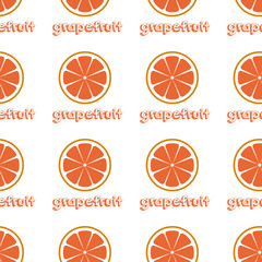 Colorful seamless pattern of delicious grapefruit slices on a white background. Simple flat vector illustration. For the design of paper wallpaper, fabric, wrapping paper, covers, web sites.