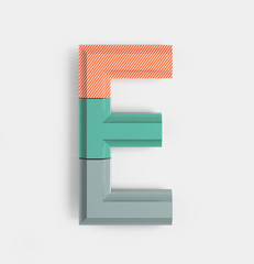 Letter E. Joyful Geometric Vivid Alphabet with Bright Coral And Pastel Color Patterns. Trendy Brand Identity Font. 3d Rendering isolated.