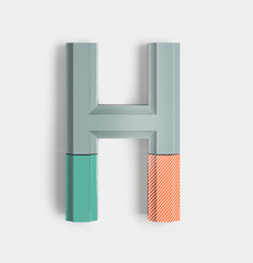 Letter H. Joyful Geometric Vivid Alphabet with Bright Coral And Pastel Color Patterns. Trendy Brand Identity Font. 3d Rendering isolated.