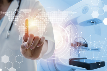 female doctor with stethoscope hand pointing touching world map data digital icon hologram with Mammography X-Ray System Machine in hospital background, medical innovation, future technology concept