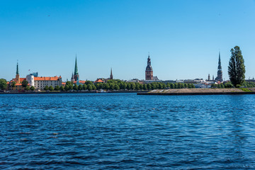 Cityscape of River and Riga Latvia on a Clear Sunny Day