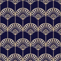 Wall murals Art deco Golden Art Deco Abstract Palms on Dark Blue Vector Seamless Pattern. Abstract Egyptian Geometric Print