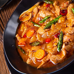 colorful turkey fricassee with asparagus and paprika