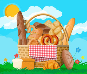 Bread in wicker basket. Nature grass flowers cloud and sun. Whole grain, wheat and rye bread, toast, pretzel, ciabatta, croissant, bagel, french baguette, cinnamon bun. Vector illustration flat style