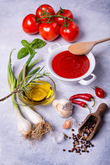 on a rustic gray background, a white ceramic bowl with tomato sauce, basil leaves, cluster tomatoes, olive oil and various spices