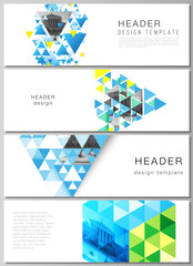 The minimalistic vector illustration of the editable layout of headers, banner design templates. Blue color polygonal background with triangles, colorful mosaic pattern.