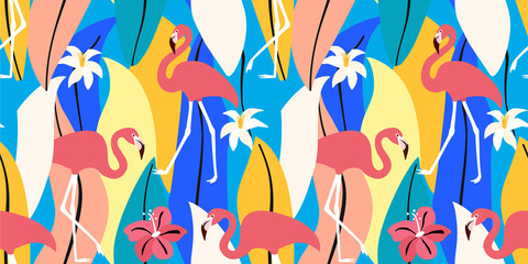 Abstract summer tropical pattern with flamingos and tropical leaves. Vector seamless texture. Trendy Illustration.