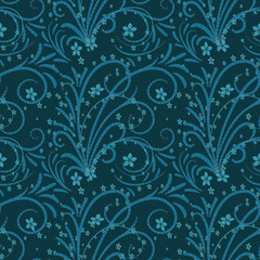 Seamless pattern with floral ornament. Twigs and flowers of blue on a dark green background. Fabric, wallpaper, wrapping paper, fashion design. Vector illustration