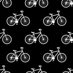 Fototapeta premium Bicycle seamless pattern background white silhouette on black background. Bike vector illustration