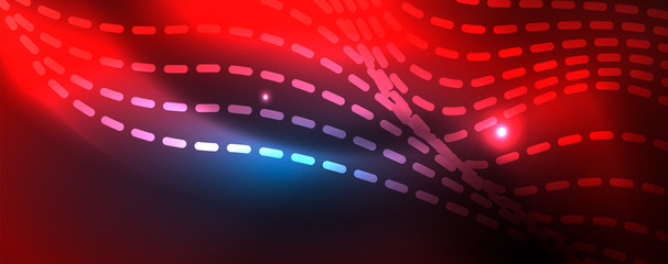 Fototapeta premium Smooth wave lines on blue neon color light background. Glowing abstract wave on dark, shiny motion, magic space light