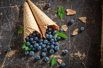 Top view of blueberries in waffels as ice cream concept