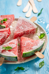 Fresh and cold watermelon ice cream on ice