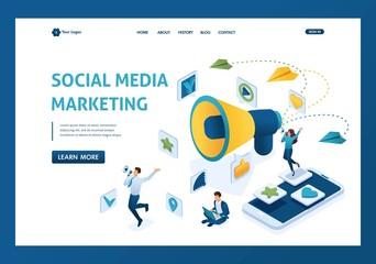 Isometric Social media marketing concept with characters and a big megaphone. Template landing page