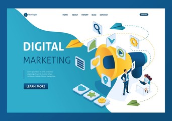 Isometric Marketing team work and branding, billboard and ad, marketing strategies. Template landing page
